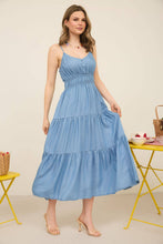 Load image into Gallery viewer, CHAMBRAY TIERED MIDI DRESS
