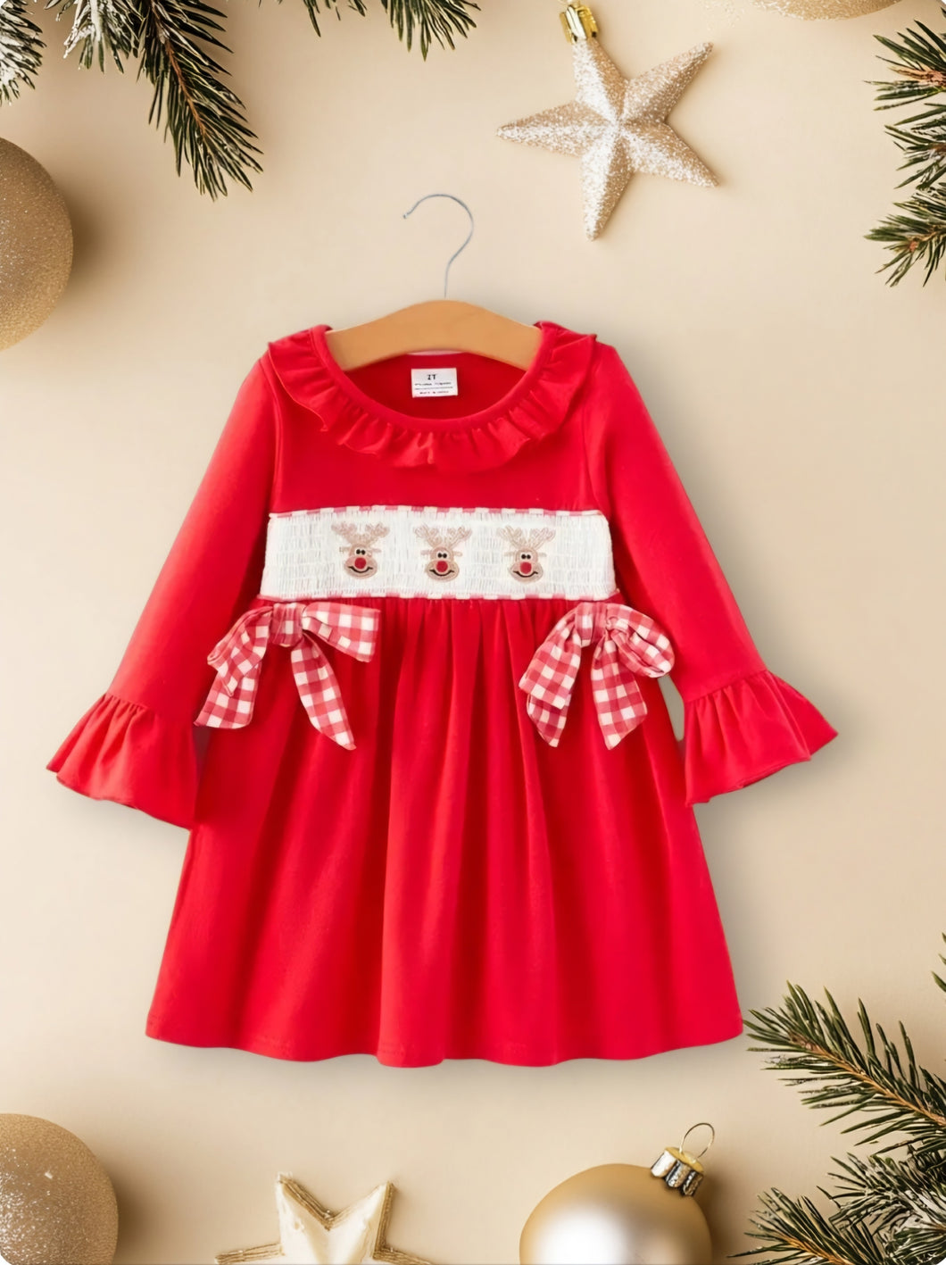 Red Smocking Dress with Bows