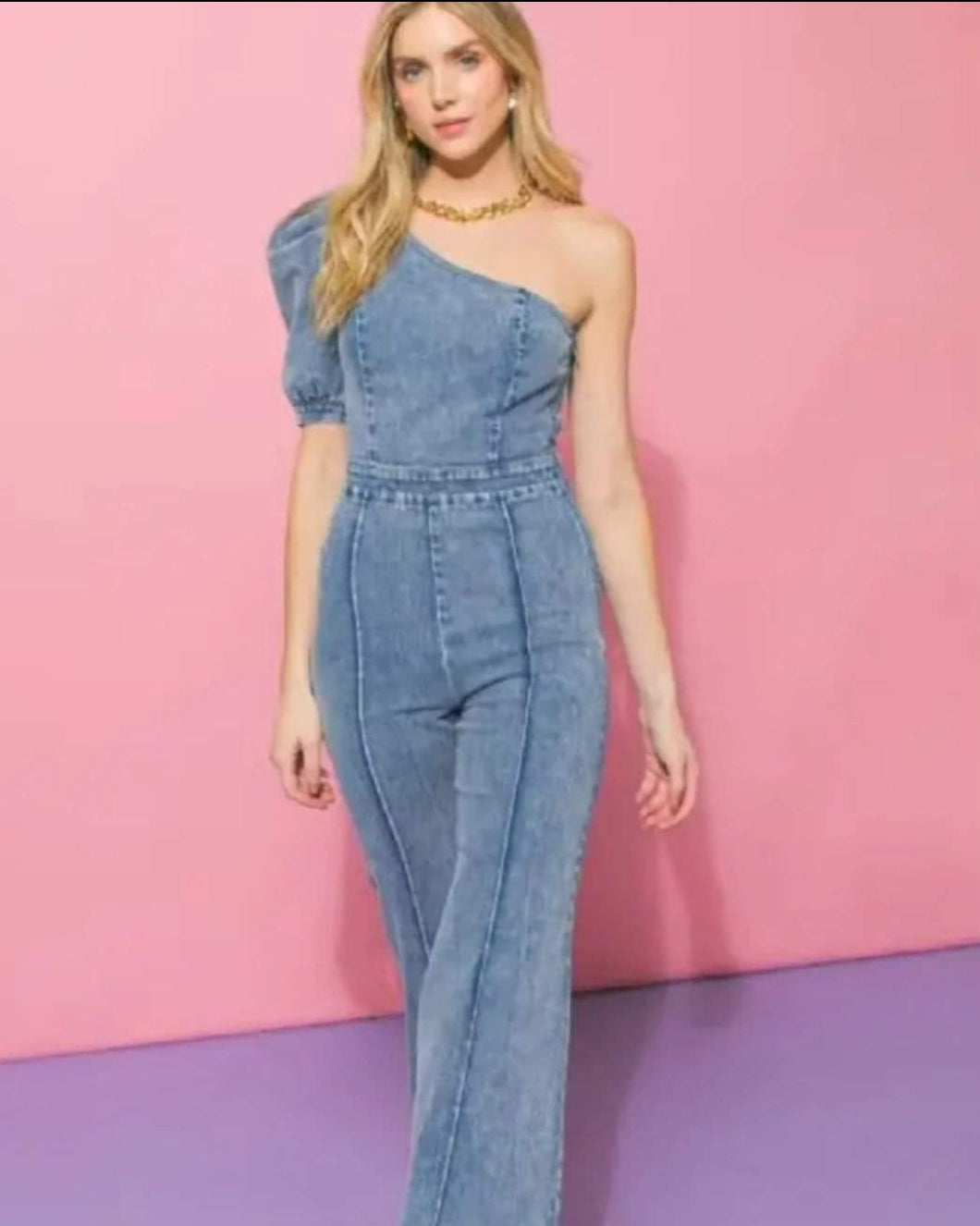 One Shoulder Denim Jumper