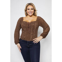 Load image into Gallery viewer, CREAM PLUS SIZE LACE RUFFLE TRIM LONG SLEEVE TOP
