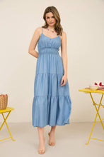 Load image into Gallery viewer, CHAMBRAY TIERED MIDI DRESS
