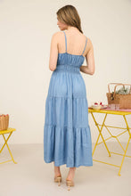 Load image into Gallery viewer, CHAMBRAY TIERED MIDI DRESS
