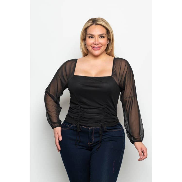 PLUS SIZE MESH RUCHED LONG SLEEVE TOP